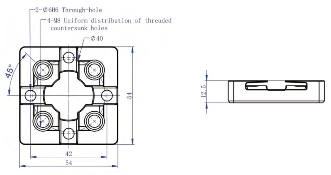 Croquis acotado de la placa de posicionamiento de la serie R 54