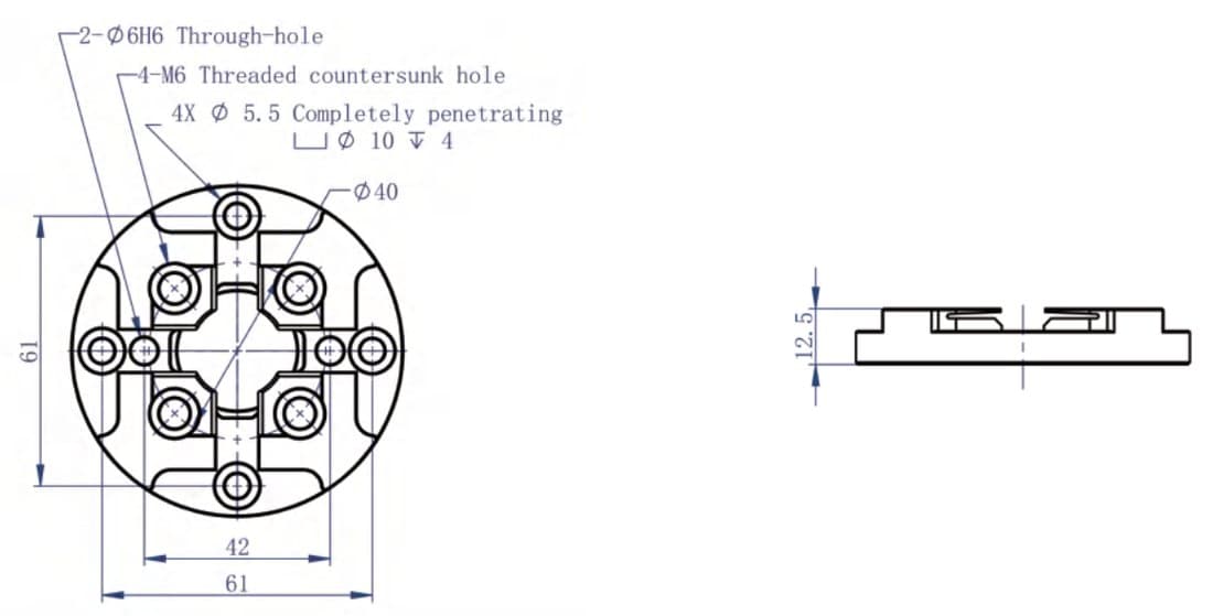 Croquis acotado de la placa de posicionamiento de la serie R 75