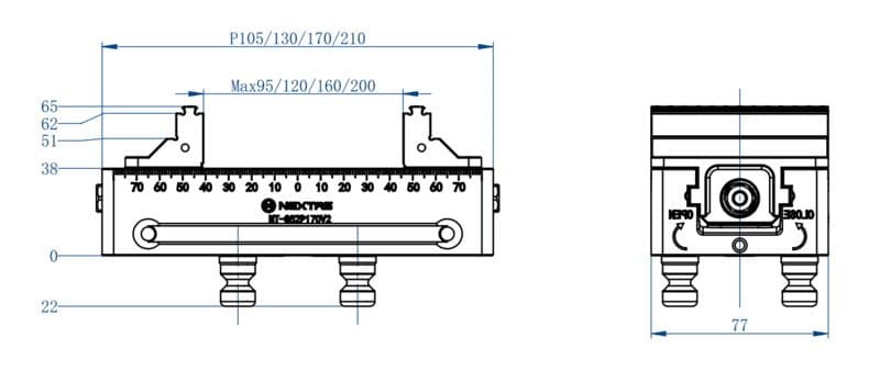 Croquis acotado de la mordaza autocentrante NT-S52P210V2 con mordaza de 77 milímetros