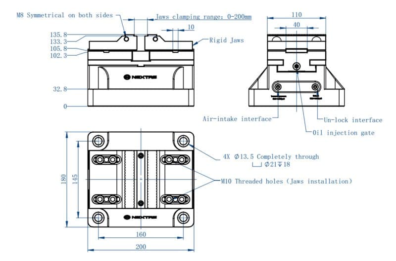 Croquis acotado de la mordaza neumática NT-S110PV110V1 con las tomas de aire y los agujeros de montaje
