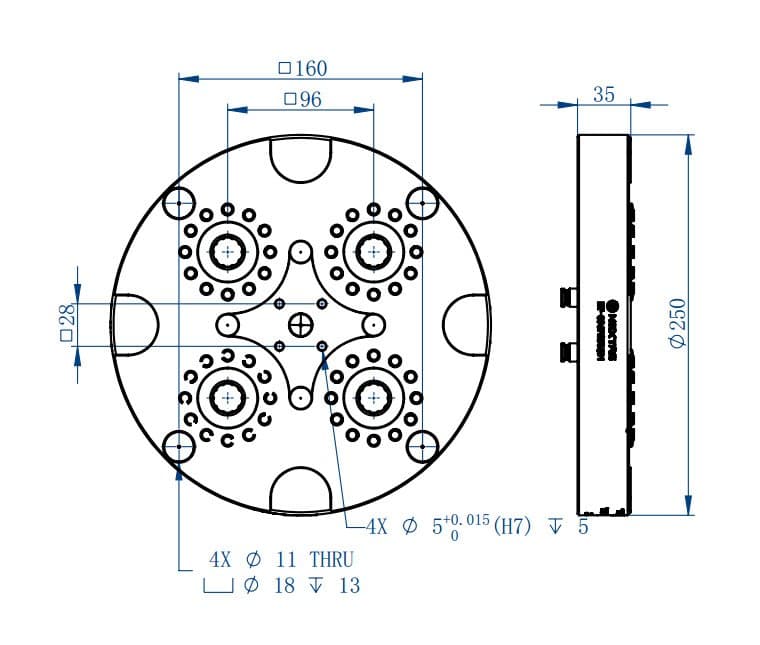 Croquis con las características técnicas de la paleta neumática NT-S96P250QD1